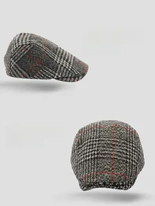 Macro detail of soft plaid wool fabric on the retro British style beret hat for men