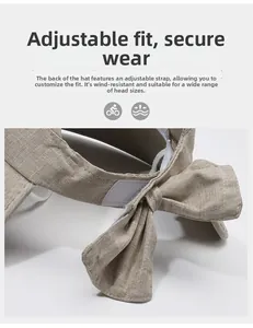 Detail of adjustable khaki sun hat featuring a breathable texture and elegant bow knot