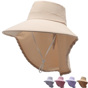 Detail of wide brim sun hat with neck flap showing five colors and adjustable chin strap