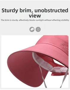 Detail of pink wide brim sun hat with breathable UV protection fabric and embroidered logo