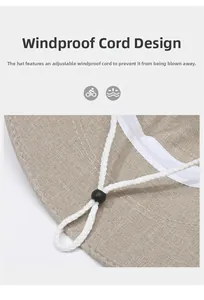 Detail of adjustable windproof drawstring on light brown linen sun hat with toggle