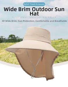 Detail showing wide brim sun hat with neck flap and adjustable drawstring for UV protection