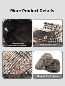 Macro detail of plaid wool newsboy cap showing adjustable buckle and fabric texture