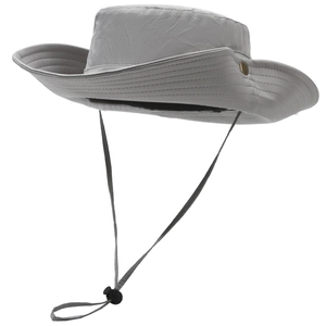 Light gray wide brim sun hat with adjustable chin strap and breathable fabric for outdoors