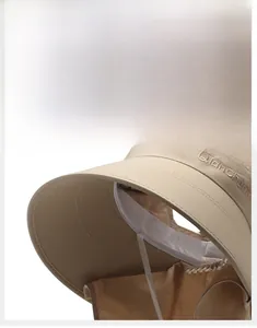 Detail of khaki sun hat with wide brim, side embroidery and adjustable chin strap