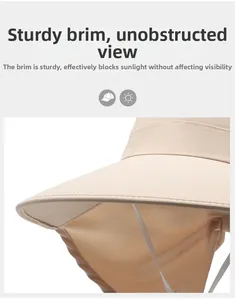 Detail view of the breathable mesh fabric and wide brim on this beige sun protection hat