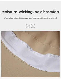 Detail view of khaki sun hat with wide moisture-wicking sweatband and breathable mesh fabric