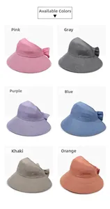 Wide brim sun hat shown in six colors with a bow detail and linen texture material