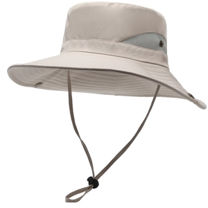 Women's beige wide brim sun hat with breathable mesh and adjustable chin strap