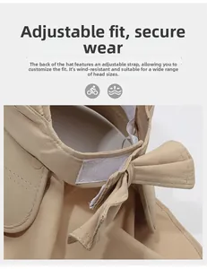 Detail of adjustable Velcro strap on khaki sun hat with neck flap for secure outdoor fit