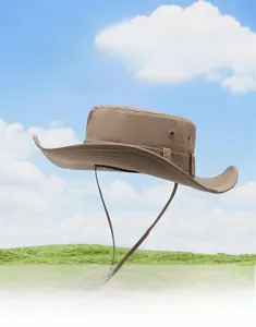Detail view of khaki hiking hat with wide brim, metal vents and adjustable wind cord