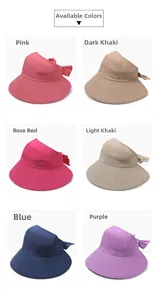 Detailed view of wide brim sun hats for women in six colors with decorative back bows