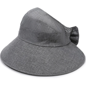Women's wide brim sun hat in dark grey linen fabric with elegant back bow detail