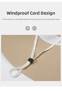 Detail of adjustable windproof drawstring with plastic bead on a beige sun hat