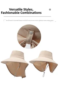 Detail of sun hat back with adjustable snap buttons for neck cover and windproof cord