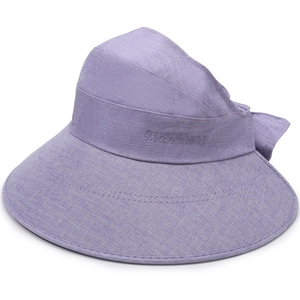 Purple wide-brim linen sun hat with elegant woven texture and decorative band