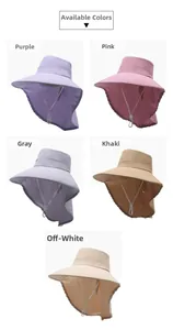 Detail view of large brim sun hats with neck flaps in purple, pink, grey, khaki and off-white