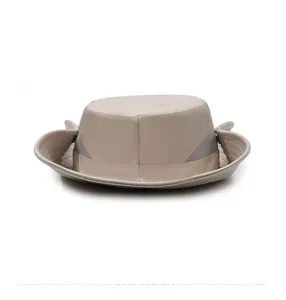 Rear view of beige sun hat with breathable mesh layer and structured wide brim detail