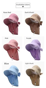 Six colors of outdoor sun hats with neck flaps and breathable mesh details shown in a grid