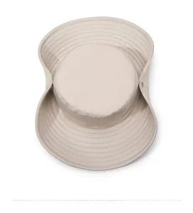 Detailed top view of beige wide-brim sun hat with reinforced stitching and metal buttons