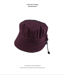 Detailed view of purple plaid elderly bucket hat featuring adjustable black drawstring
