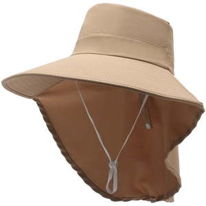Khaki wide brim sun hat with neck flap shawl and windproof drawstring for outdoor use