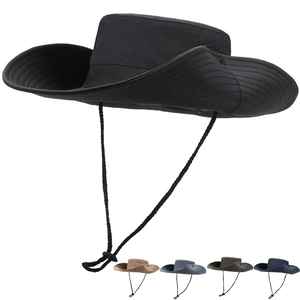 Detail of outdoor sun hat with side snaps and windproof rope in five color options