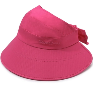 Women's rose pink wide brim visor sun hat with embroidery and back bow decoration