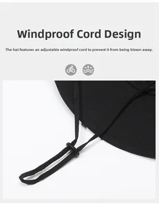 Detail of adjustable windproof drawstring and buckle on black outdoor sun hat