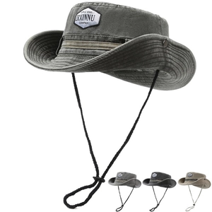 Army green cotton outdoor sun hat with adjustable windproof rope and wide brim