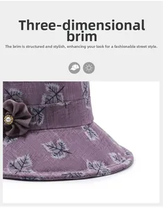 Detail eines lila Sonnenhuts für ältere Damen mit strukturiertem Stoff und Perlenblumendekor