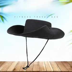 Detail of wide brim sun hat with adjustable chin strap and breathable mesh vents
