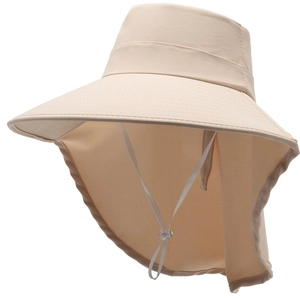Women's beige wide-brim sun hat with protective neck flap and adjustable windproof cord