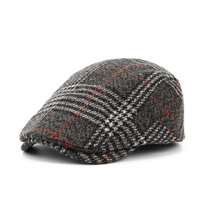 British style grey plaid beret wool newsboy flat cap for men and women with red accents