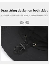 Detail of adjustable dual drawstring design and metal eyelets on black outdoor sun hat