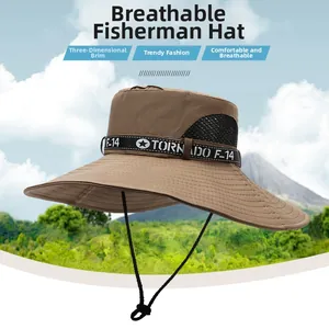 Close-up of tan sun hat featuring breathable black mesh and Tornado F-14 ribbon detail
