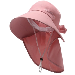 Pink wide brim UV protection sun hat with neck flap and adjustable windproof strap