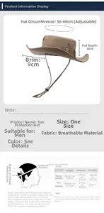 Size chart showing 9cm brim and 56-60cm adjustable circumference for hiking sun hats