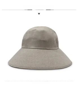 Detail of khaki wide brim sun hat showing linen texture and small embroidery