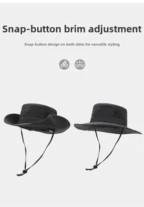 Outdoor sun hat featuring foldable brim snaps and adjustable wind rope for hiking