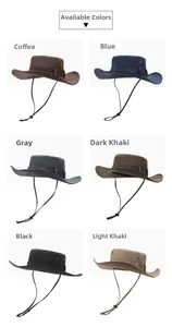 Outdoor sun hat color chart showing 6 variants with windproof strap and vent details