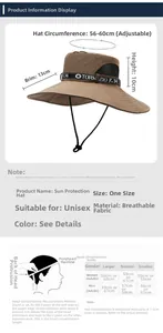 Size chart for sun bucket hat with 56-60cm adjustable circumference and 13cm wide brim
