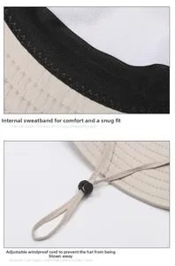Detail of the black mesh sweatband and adjustable windproof cord on a summer sun hat