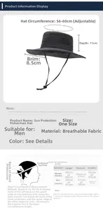 Size chart for sun protection bucket hat with adjustable brim and head measurements