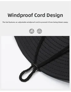Detail of outdoor sun hat with adjustable windproof drawstring and plastic cord lock