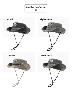 Detailed grid view of outdoor sun hats in black, grey, and khaki with adjustable wind cords