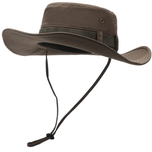Detail view of durable brown outdoor sun hat with metal vents and reinforced brim stitching