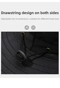 Detail of side drawstring and adjustable buckle on breathable black outdoor fishing hat