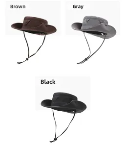 Outdoor wide brim sun hats shown in brown, gray and black with adjustable windproof drawstrings