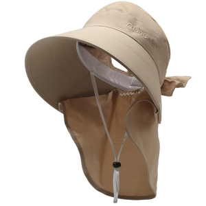 Women's wide brim sun hat with neck flap and face cover for UV protection in light khaki